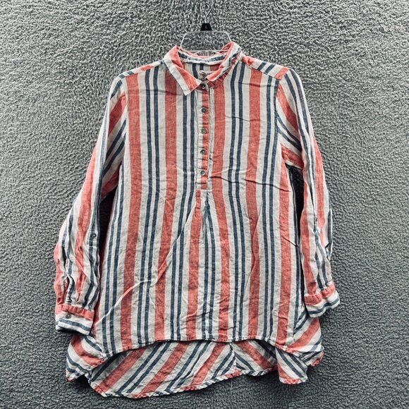 Artisan‎ NY Women Top Small Red White Blue 100% Linen Button Front Shirt - Picture 1 of 9